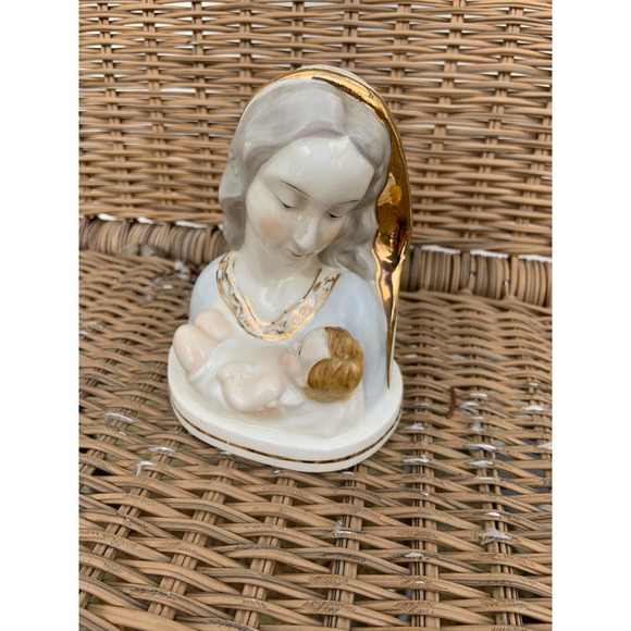Vtg Mother And Child Mary Porcelain Sculpture Table Decoration Gold Gilded Small - Picture 1 of 4